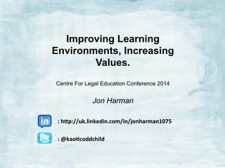 Improving Learning
Environments, Increasing
Values.
Centre For Legal Education Conference 2014

Jon Harman
	
  	
  	
  	
  	
  	
  	
  	
  	
  	
  	
  	
  	
  
	
  	
  	
  	
  	
  	
  	
  	
  	
  	
  	
  :	
  h$p://uk.linkedin.com/in/jonharman1075	
  
	
  
	
  	
  	
  	
  	
  	
  	
  	
  	
  	
  	
  :	
  @kao:coddchild	
  
	
  
	
  

 