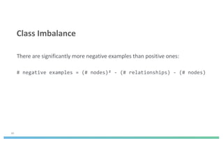 There are significantly more negative examples than positive ones:
# negative examples = (# nodes)² - (# relationships) - (# nodes)
38
Class Imbalance
 