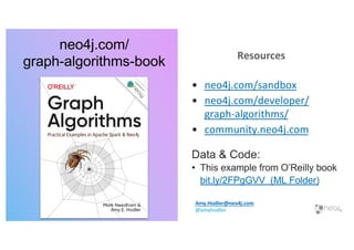 Resources
• neo4j.com/sandbox
• neo4j.com/developer/
graph-algorithms/
• community.neo4j.com
Data & Code:
• This example from O’Reilly book
bit.ly/2FPgGVV (ML Folder)
Amy.Hodler@neo4j.com
@amyhodler
neo4j.com/
graph-algorithms-book
 