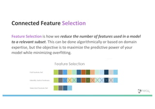 Connected Feature Selection
Feature Selection is how we reduce the number of features used in a model
to a relevant subset. This can be done algorithmically or based on domain
expertise, but the objective is to maximize the predictive power of your
model while minimizing overfitting.
 