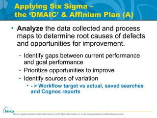 Medco is a registered trademark of Medco Health Solutions, Inc.© 2007 Medco Health Solutions, Inc. All rights reserved.Distribution prohibited without prior consent.
Applying Six Sigma –
the ‘DMAIC’ & Affinium Plan (A)
• Analyze the data collected and process
maps to determine root causes of defects
and opportunities for improvement.
- Identify gaps between current performance
and goal performance
- Prioritize opportunities to improve
- Identify sources of variation
• - > Workflow target vs actual, saved searches
and Cognos reports
 