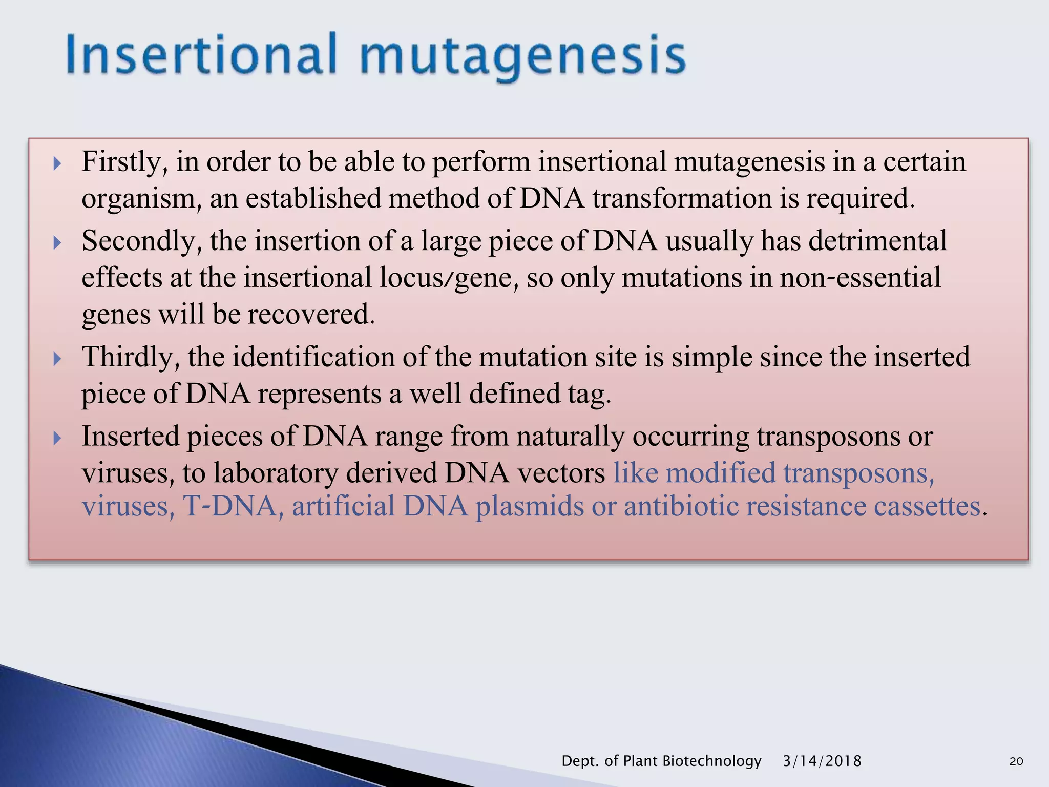  Firstly, in order to be able to perform insertional mutagenesis in a certain
organism, an established method of DNA transformation is required.
 Secondly, the insertion of a large piece of DNA usually has detrimental
effects at the insertional locus/gene, so only mutations in non-essential
genes will be recovered.
 Thirdly, the identification of the mutation site is simple since the inserted
piece of DNA represents a well defined tag.
 Inserted pieces of DNA range from naturally occurring transposons or
viruses, to laboratory derived DNA vectors like modified transposons,
viruses, T-DNA, artificial DNA plasmids or antibiotic resistance cassettes.
3/14/2018Dept. of Plant Biotechnology 20
 