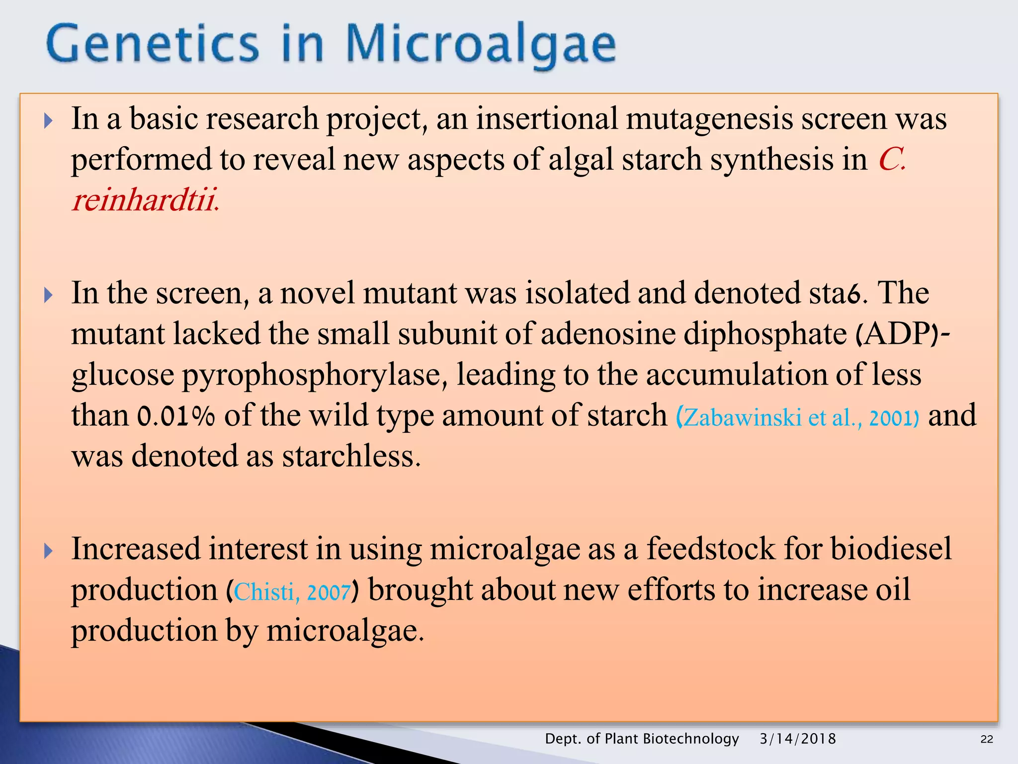  In a basic research project, an insertional mutagenesis screen was
performed to reveal new aspects of algal starch synthesis in C.
reinhardtii.
 In the screen, a novel mutant was isolated and denoted sta6. The
mutant lacked the small subunit of adenosine diphosphate (ADP)-
glucose pyrophosphorylase, leading to the accumulation of less
than 0.01% of the wild type amount of starch (Zabawinski et al., 2001) and
was denoted as starchless.
 Increased interest in using microalgae as a feedstock for biodiesel
production (Chisti, 2007) brought about new efforts to increase oil
production by microalgae.
3/14/2018Dept. of Plant Biotechnology 22
 