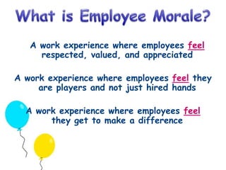 A work experience where employees feel 
respected, valued, and appreciated 
A work experience where employees feel they 
are players and not just hired hands 
A work experience where employees feel 
they get to make a difference 
 
