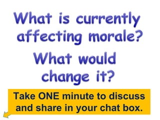 Take ONE minute to discuss 
and share in your chat box. 
 