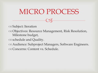 MICRO PROCESS
            
 Subject: Iteration
 Objectives: Resource Management, Risk Resolution,
  Milestone budget,
 schedule and Quality.
 Audience: Subproject Managers, Software Engineers.
 Concerns: Content vs. Schedule.
 
