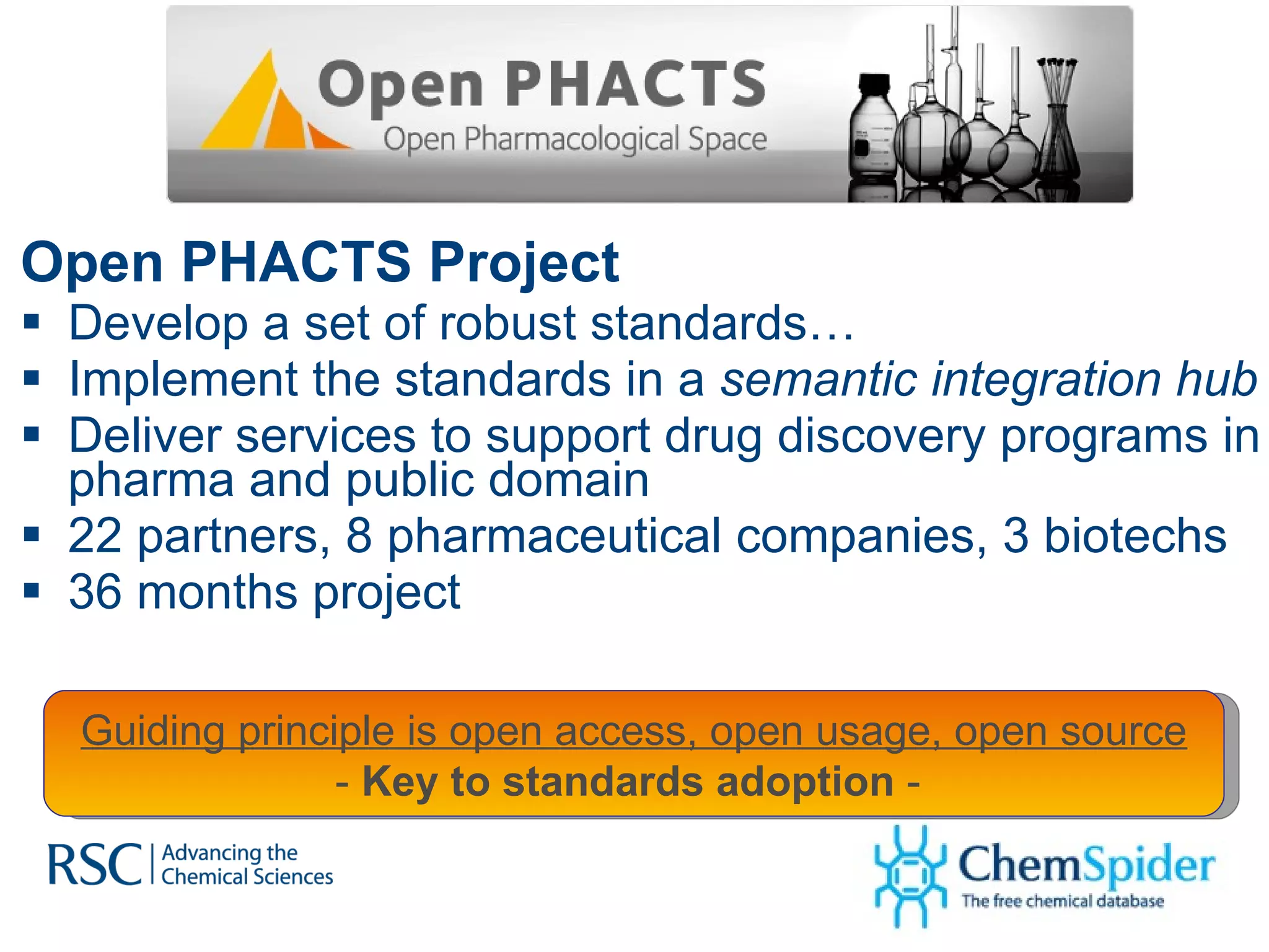 Open PHACTS Project Develop a set of robust standards… Implement  the standards in a  semantic integration hub Deliver  services to support drug discovery programs in pharma and public domain 22 partners, 8 pharmaceutical companies, 3 biotechs 36 months project Guiding principle is open access, open usage, open source -  Key to standards adoption  -  