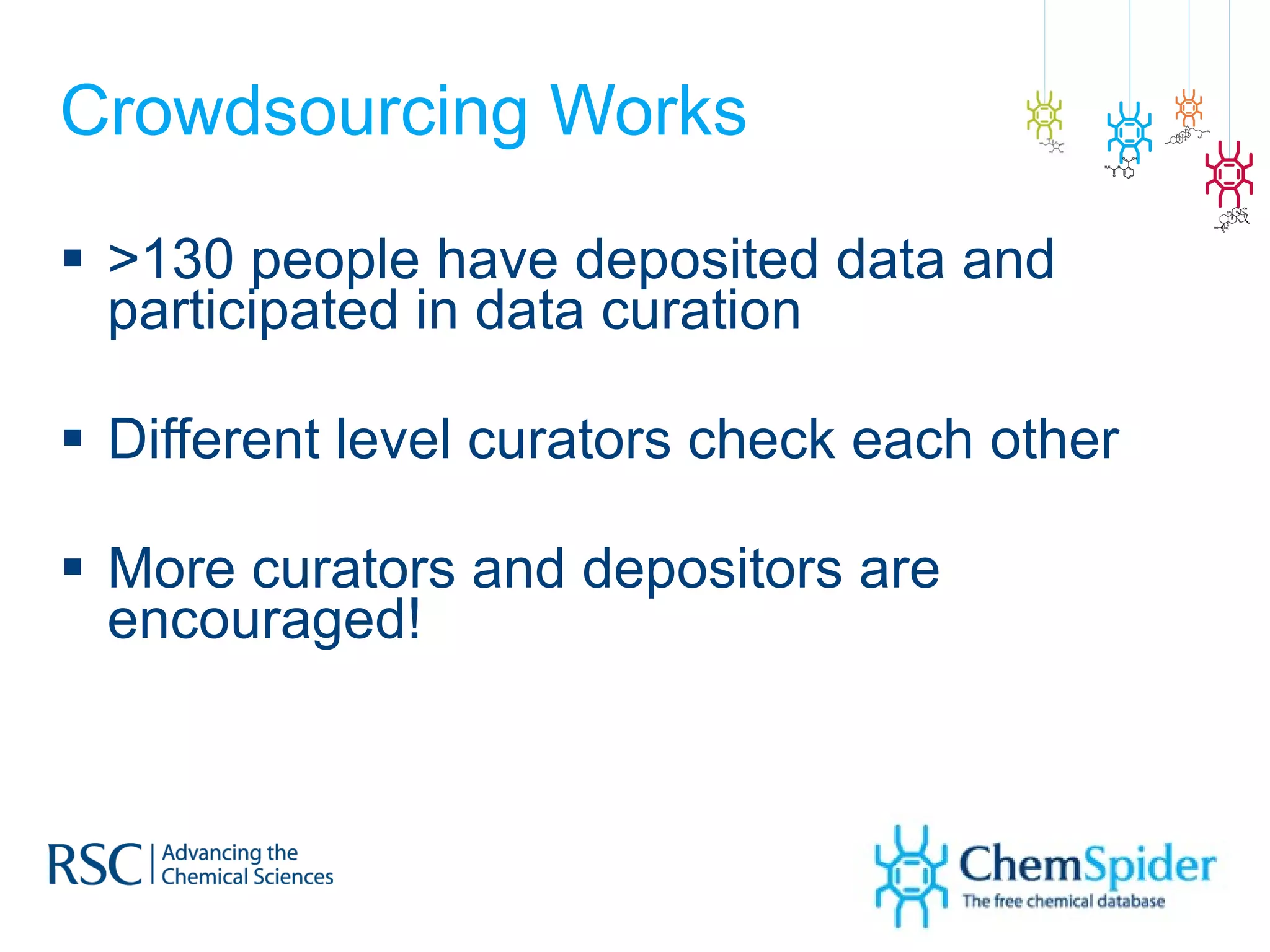 Crowdsourcing Works >130 people have deposited data and participated in data curation Different level curators check each other More curators and depositors are encouraged! 