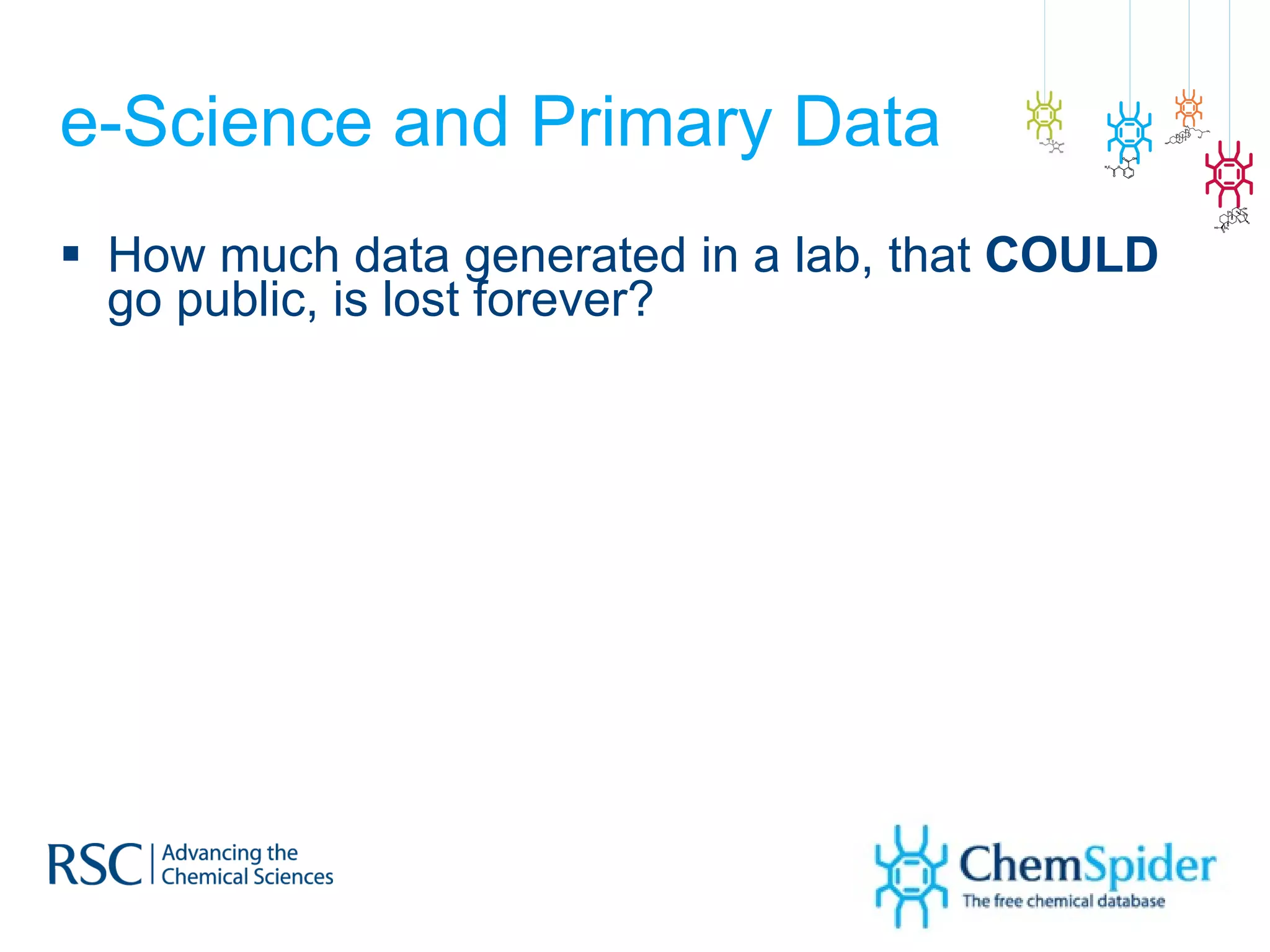 e-Science and Primary Data How much data generated in a lab, that  COULD  go public, is lost forever? 