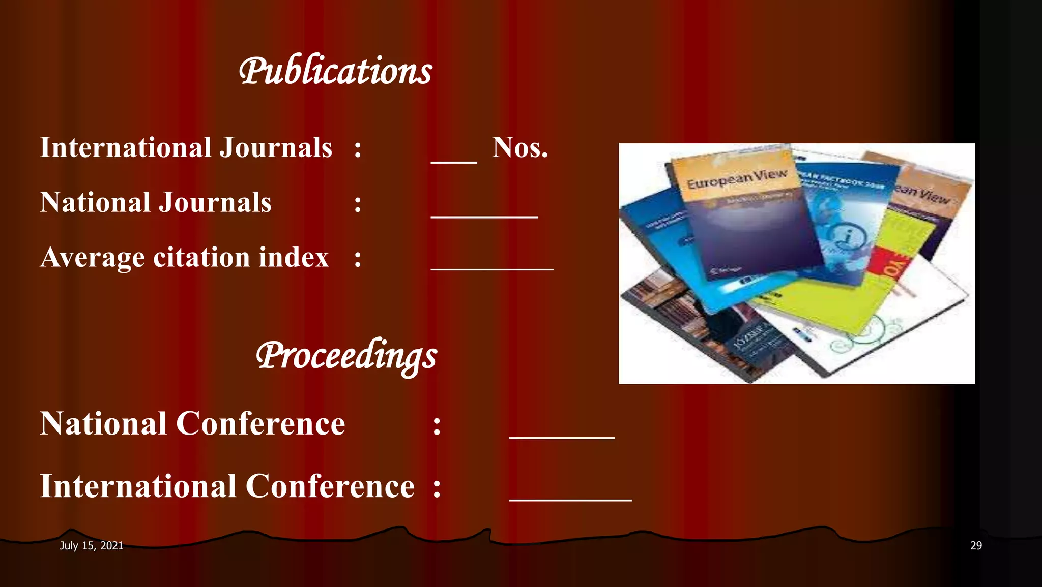 Publications
July 15, 2021 29
International Journals : ___ Nos.
National Journals : _______
Average citation index : ________
Proceedings
National Conference : ______
International Conference : _______
 