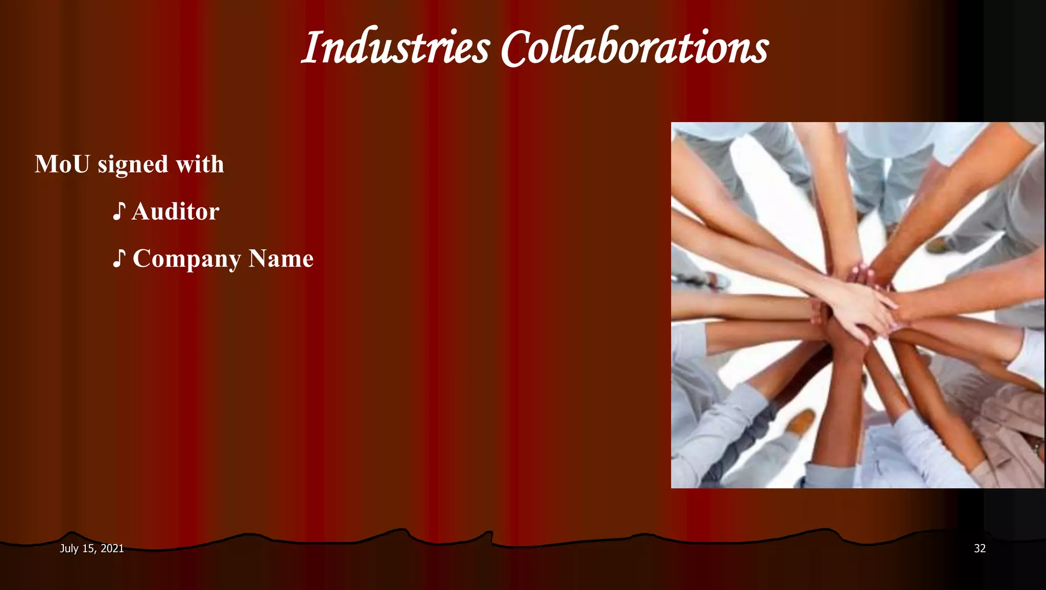 Industries Collaborations
July 15, 2021 32
MoU signed with
♪ Auditor
♪ Company Name
 