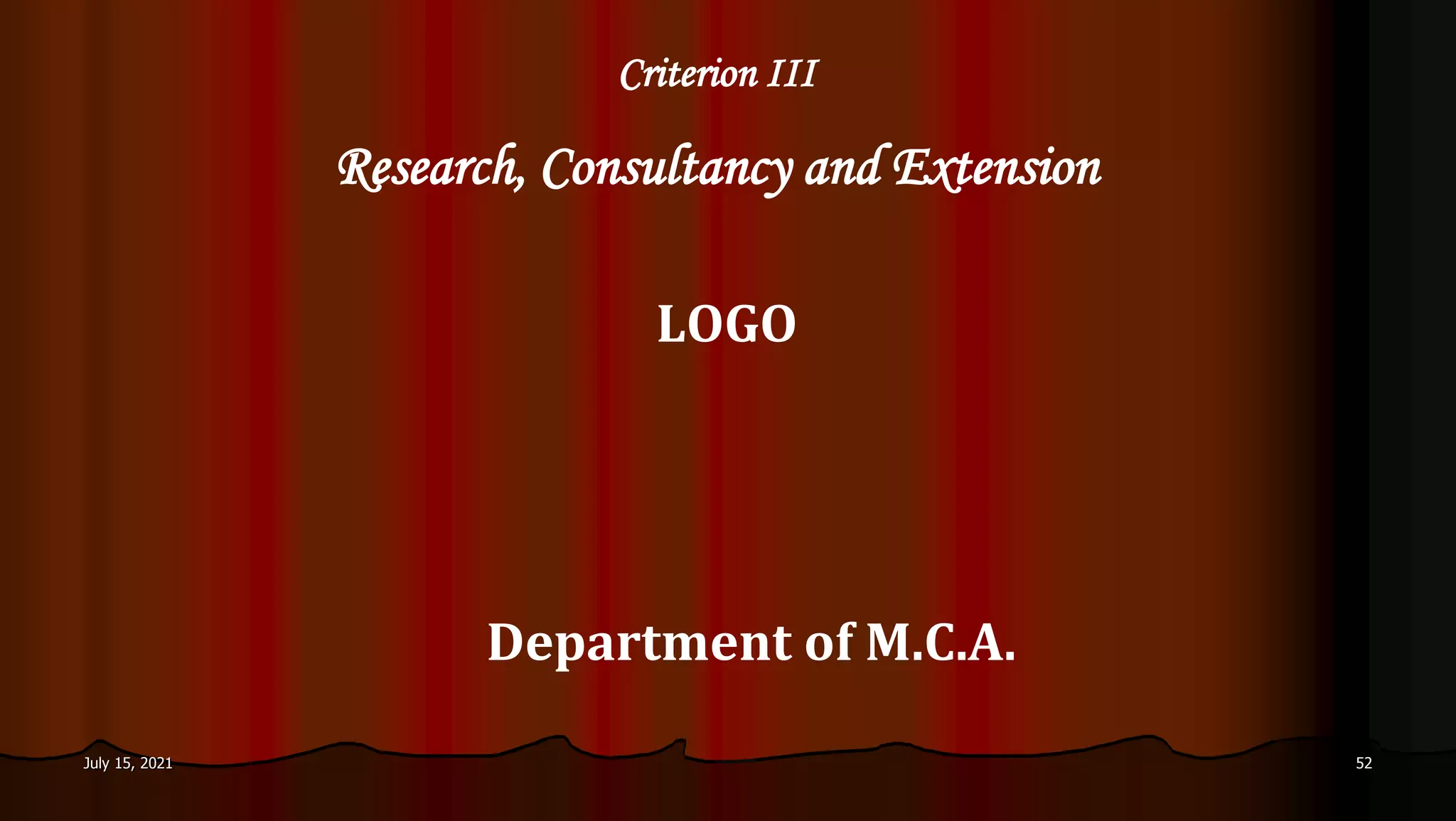 Criterion III
Research, Consultancy and Extension
LOGO
July 15, 2021 52
Department of M.C.A.
 