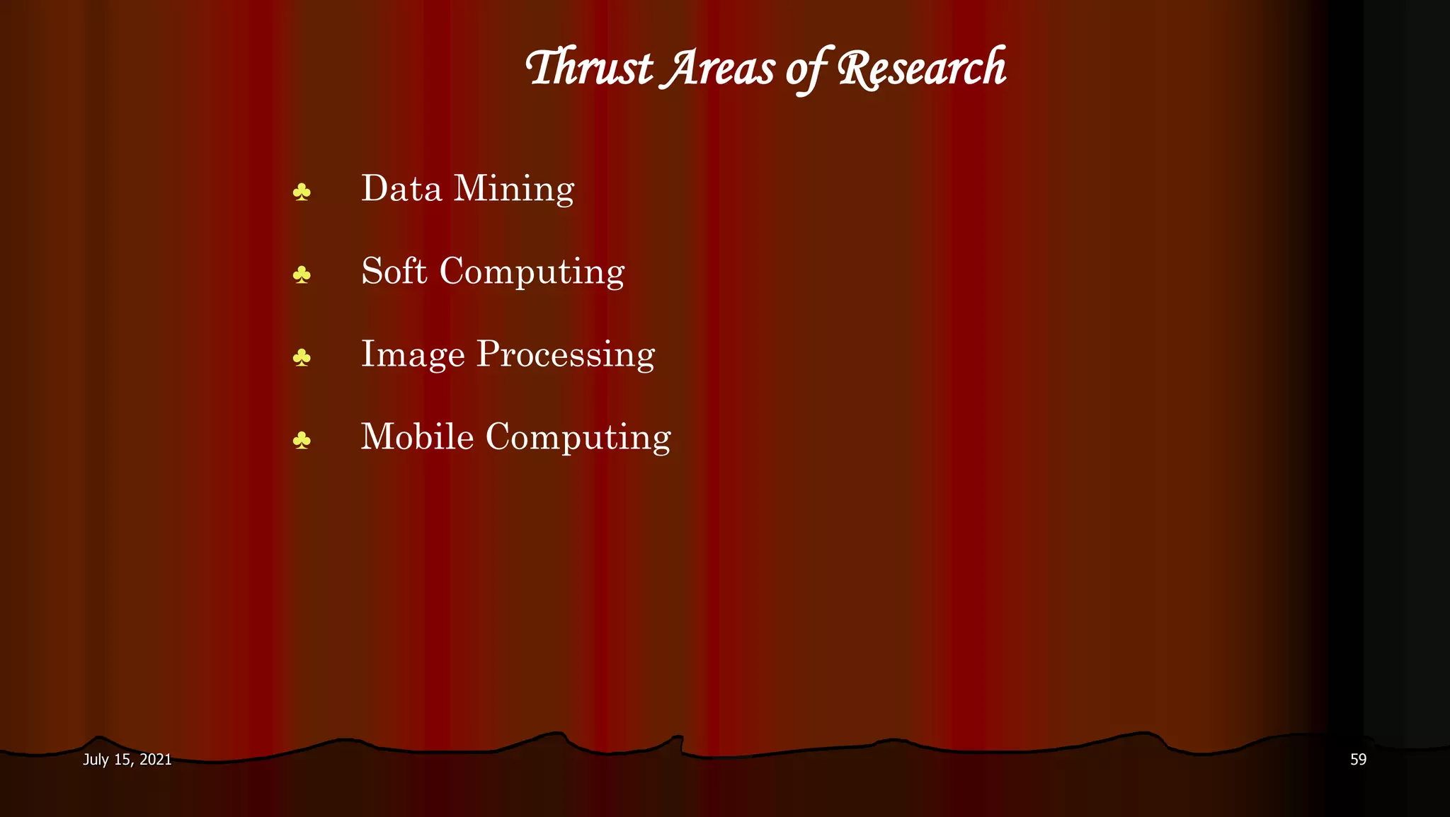 Thrust Areas of Research
♣ Data Mining
♣ Soft Computing
♣ Image Processing
♣ Mobile Computing
July 15, 2021 59
 