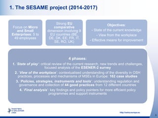http://osha.europa.eu
3
1. The SESAME project (2014-2017)
4 phases:
1. ‘State of play’: critical review of the current res...