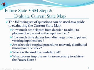 Future State VSM Step 2:
           Evaluate Current State Map
         The following set of questions can be used as a guide
             to evaluating the Current State Map:
                How much time elapses from decision to admit to
                 placement of patient in the inpatient bed?
                How much time elapses from discharge order to patient
                 vacating inpatient bed?
                Are scheduled surgical procedures unevenly distributed
                 throughout the week?
                Where is the workload unbalanced?
                What process improvements are necessary to achieve
                 the Future State ?

                                                                          33
© 2008 by HealthCare Quality Improvement Solutions, LLC
 