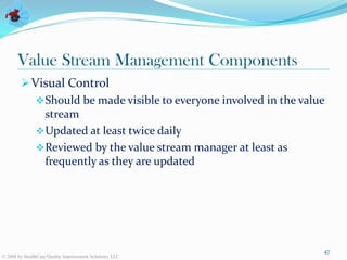 Value Stream Management Components
         Visual Control
            Should be made visible to everyone involved in the value
             stream
            Updated at least twice daily
            Reviewed by the value stream manager at least as
             frequently as they are updated




                                                                    47
© 2008 by HealthCare Quality Improvement Solutions, LLC
 