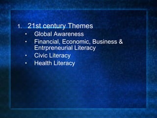 21st century Themes Global Awareness Financial, Economic, Business & Entrpreneurial Literacy Civic Literacy Health Literacy 
