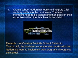 Create school leadership teams to integrate 21st centrury skills into the curriculum. The team members need to be trained and then pass on their expertise to the other teachers in the district. Example  - At Catalina Foothills School District in Tucson, AZ, the assistant superintendent works with the leadership team to implement their programs throughout the school. 