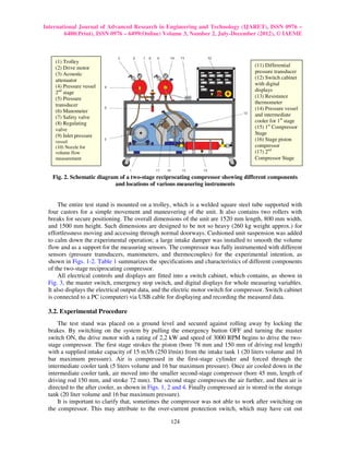 International Journal of Advanced Research in Engineering and Technology (IJARET), ISSN 0976 –
        6480(Print), ISSN 0976 – 6499(Online) Volume 3, Number 2, July-December (2012), © IAEME



    (1) Trolley
    (2) Drive motor                                                                     (11) Differential
    (3) Acoustic                                                                        pressure transducer
    attenuator                                                                          (12) Switch cabinet
    (4) Pressure vessel                                                                 with digital
    2nd stage                                                                           displays
    (5) Pressure                                                                        (13) Resistance
    transducer                                                                          thermometer
    (6) Manometer                                                                       (14) Pressure vessel
    (7) Safety valve                                                                    and intermediate
    (8) Regulating                                                                      cooler for 1st stage
    valve                                                                               (15) 1st Compressor
    (9) Inlet pressure                                                                  Stage
    vessel                                                                              (16) Stage piston
    (10) Nozzle for                                                                     compressor
    volume flow                                                                         (17) 2nd
    measurement                                                                         Compressor Stage


   Fig. 2. Schematic diagram of a two-stage reciprocating compressor showing different components
                           and locations of various measuring instruments


      The entire test stand is mounted on a trolley, which is a welded square steel tube supported with
 four castors for a simple movement and maneuvering of the unit. It also contains two rollers with
 breaks for secure positioning. The overall dimensions of the unit are 1520 mm length, 800 mm width,
 and 1500 mm height. Such dimensions are designed to be not so heavy (260 kg weight approx.) for
 effortlessness moving and accessing through normal doorways. Cushioned unit suspension was added
 to calm down the experimental operation; a large intake damper was installed to smooth the volume
 flow and as a support for the measuring sensors. The compressor was fully instrumented with different
 sensors (pressure transducers, manometers, and thermocouples) for the experimental intention, as
 shown in Figs. 1-2. Table 1 summarizes the specifications and characteristics of different components
 of the two-stage reciprocating compressor.
      All electrical controls and displays are fitted into a switch cabinet, which contains, as shown in
 Fig. 3, the master switch, emergency stop switch, and digital displays for whole measuring variables.
 It also displays the electrical output data, and the electric motor switch for compressor. Switch cabinet
 is connected to a PC (computer) via USB cable for displaying and recording the measured data.

 3.2. Experimental Procedure
     The test stand was placed on a ground level and secured against rolling away by locking the
 brakes. By switching on the system by pulling the emergency button OFF and turning the master
 switch ON, the drive motor with a rating of 2,2 kW and speed of 3000 RPM begins to drive the two-
 stage compressor. The first stage strokes the piston (bore 78 mm and 150 mm of driving rod length)
 with a supplied intake capacity of 15 m3/h (250 l/min) from the intake tank 1 (20 liters volume and 16
 bar maximum pressure). Air is compressed in the first-stage cylinder and forced through the
 intermediate cooler tank (5 liters volume and 16 bar maximum pressure). Once air cooled down in the
 intermediate cooler tank, air moved into the smaller second-stage compressor (bore 45 mm, length of
 driving rod 150 mm, and stroke 72 mm). The second stage compresses the air further, and then air is
 directed to the after cooler, as shown in Figs. 1, 2 and 4. Finally compressed air is stored in the storage
 tank (20 liter volume and 16 bar maximum pressure).
     It is important to clarify that, sometimes the compressor was not able to work after switching on
 the compressor. This may attribute to the over-current protection switch, which may have cut out

                                                    124
 