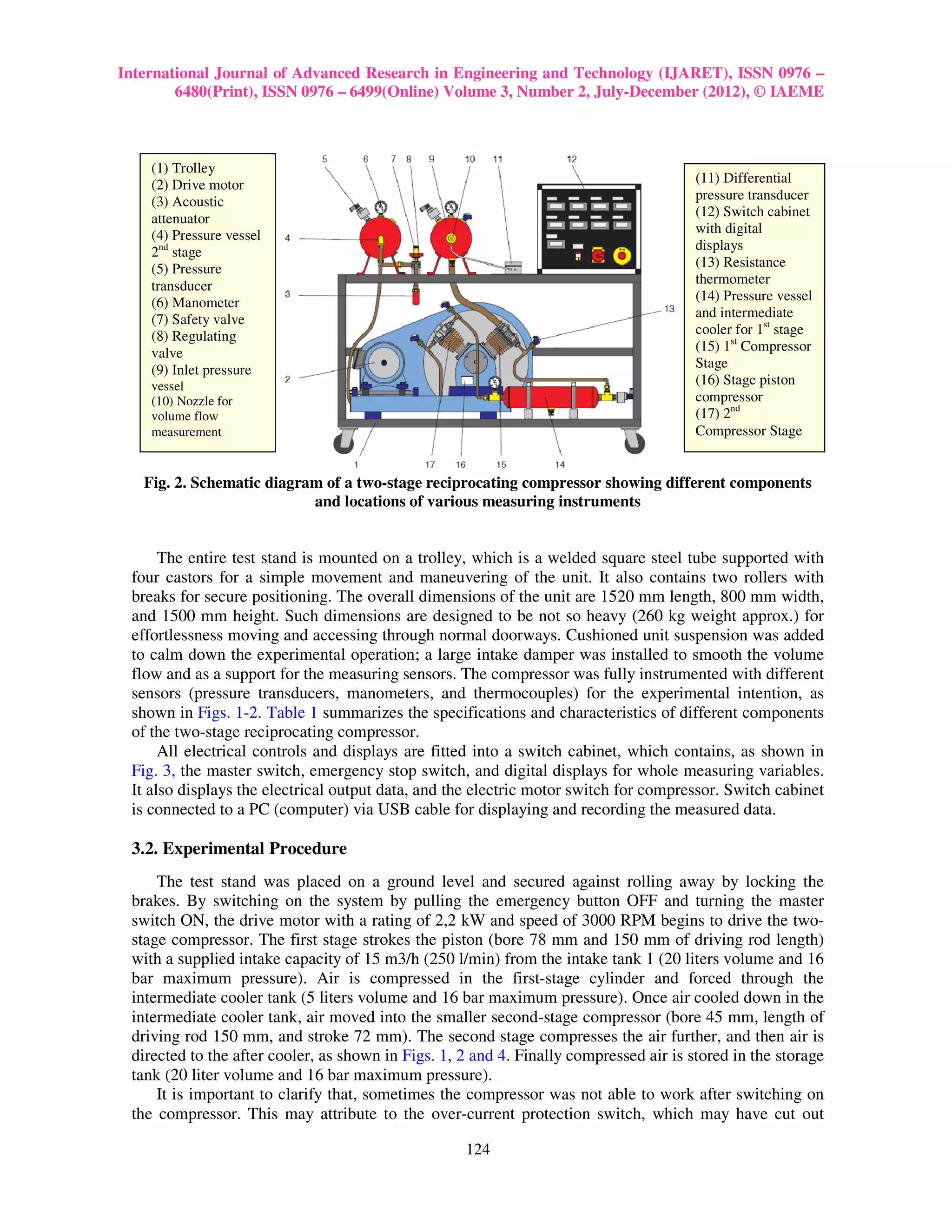 International Journal of Advanced Research in Engineering and Technology (IJARET), ISSN 0976 –
        6480(Print), ISSN 0976 – 6499(Online) Volume 3, Number 2, July-December (2012), © IAEME



    (1) Trolley
    (2) Drive motor                                                                     (11) Differential
    (3) Acoustic                                                                        pressure transducer
    attenuator                                                                          (12) Switch cabinet
    (4) Pressure vessel                                                                 with digital
    2nd stage                                                                           displays
    (5) Pressure                                                                        (13) Resistance
    transducer                                                                          thermometer
    (6) Manometer                                                                       (14) Pressure vessel
    (7) Safety valve                                                                    and intermediate
    (8) Regulating                                                                      cooler for 1st stage
    valve                                                                               (15) 1st Compressor
    (9) Inlet pressure                                                                  Stage
    vessel                                                                              (16) Stage piston
    (10) Nozzle for                                                                     compressor
    volume flow                                                                         (17) 2nd
    measurement                                                                         Compressor Stage


   Fig. 2. Schematic diagram of a two-stage reciprocating compressor showing different components
                           and locations of various measuring instruments


      The entire test stand is mounted on a trolley, which is a welded square steel tube supported with
 four castors for a simple movement and maneuvering of the unit. It also contains two rollers with
 breaks for secure positioning. The overall dimensions of the unit are 1520 mm length, 800 mm width,
 and 1500 mm height. Such dimensions are designed to be not so heavy (260 kg weight approx.) for
 effortlessness moving and accessing through normal doorways. Cushioned unit suspension was added
 to calm down the experimental operation; a large intake damper was installed to smooth the volume
 flow and as a support for the measuring sensors. The compressor was fully instrumented with different
 sensors (pressure transducers, manometers, and thermocouples) for the experimental intention, as
 shown in Figs. 1-2. Table 1 summarizes the specifications and characteristics of different components
 of the two-stage reciprocating compressor.
      All electrical controls and displays are fitted into a switch cabinet, which contains, as shown in
 Fig. 3, the master switch, emergency stop switch, and digital displays for whole measuring variables.
 It also displays the electrical output data, and the electric motor switch for compressor. Switch cabinet
 is connected to a PC (computer) via USB cable for displaying and recording the measured data.

 3.2. Experimental Procedure
     The test stand was placed on a ground level and secured against rolling away by locking the
 brakes. By switching on the system by pulling the emergency button OFF and turning the master
 switch ON, the drive motor with a rating of 2,2 kW and speed of 3000 RPM begins to drive the two-
 stage compressor. The first stage strokes the piston (bore 78 mm and 150 mm of driving rod length)
 with a supplied intake capacity of 15 m3/h (250 l/min) from the intake tank 1 (20 liters volume and 16
 bar maximum pressure). Air is compressed in the first-stage cylinder and forced through the
 intermediate cooler tank (5 liters volume and 16 bar maximum pressure). Once air cooled down in the
 intermediate cooler tank, air moved into the smaller second-stage compressor (bore 45 mm, length of
 driving rod 150 mm, and stroke 72 mm). The second stage compresses the air further, and then air is
 directed to the after cooler, as shown in Figs. 1, 2 and 4. Finally compressed air is stored in the storage
 tank (20 liter volume and 16 bar maximum pressure).
     It is important to clarify that, sometimes the compressor was not able to work after switching on
 the compressor. This may attribute to the over-current protection switch, which may have cut out

                                                    124
 