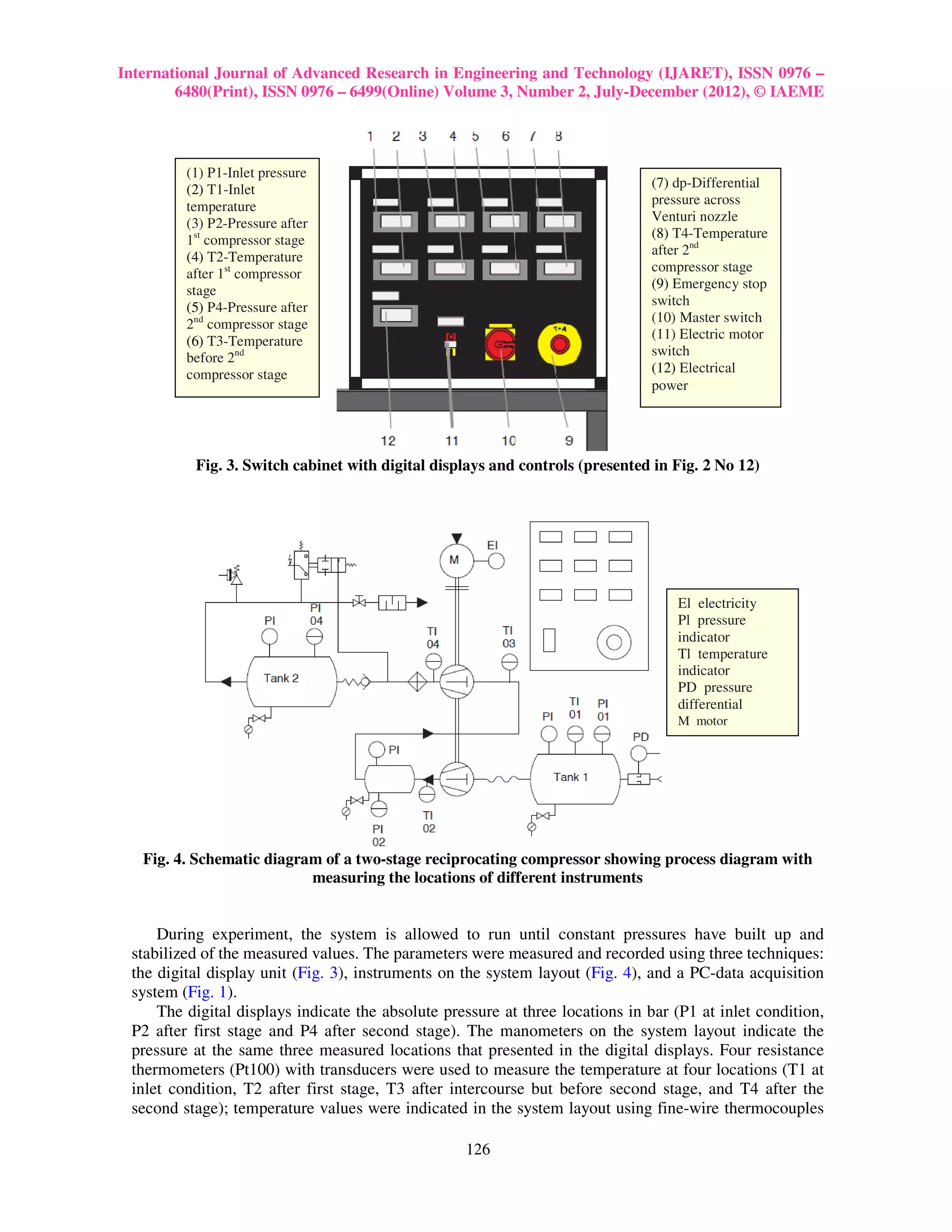 International Journal of Advanced Research in Engineering and Technology (IJARET), ISSN 0976 –
        6480(Print), ISSN 0976 – 6499(Online) Volume 3, Number 2, July-December (2012), © IAEME



         (1) P1-Inlet pressure
         (2) T1-Inlet                                                          (7) dp-Differential
         temperature                                                           pressure across
         (3) P2-Pressure after                                                 Venturi nozzle
         1st compressor stage                                                  (8) T4-Temperature
         (4) T2-Temperature                                                    after 2nd
         after 1st compressor                                                  compressor stage
         stage                                                                 (9) Emergency stop
         (5) P4-Pressure after                                                 switch
         2nd compressor stage                                                  (10) Master switch
         (6) T3-Temperature                                                    (11) Electric motor
         before 2nd                                                            switch
         compressor stage                                                      (12) Electrical
                                                                               power




          Fig. 3. Switch cabinet with digital displays and controls (presented in Fig. 2 No 12)




                                                                                   El electricity
                                                                                   Pl pressure
                                                                                   indicator
                                                                                   Tl temperature
                                                                                   indicator
                                                                                   PD pressure
                                                                                   differential
                                                                                   M motor




   Fig. 4. Schematic diagram of a two-stage reciprocating compressor showing process diagram with
                           measuring the locations of different instruments


     During experiment, the system is allowed to run until constant pressures have built up and
 stabilized of the measured values. The parameters were measured and recorded using three techniques:
 the digital display unit (Fig. 3), instruments on the system layout (Fig. 4), and a PC-data acquisition
 system (Fig. 1).
     The digital displays indicate the absolute pressure at three locations in bar (P1 at inlet condition,
 P2 after first stage and P4 after second stage). The manometers on the system layout indicate the
 pressure at the same three measured locations that presented in the digital displays. Four resistance
 thermometers (Pt100) with transducers were used to measure the temperature at four locations (T1 at
 inlet condition, T2 after first stage, T3 after intercourse but before second stage, and T4 after the
 second stage); temperature values were indicated in the system layout using fine-wire thermocouples

                                                   126
 