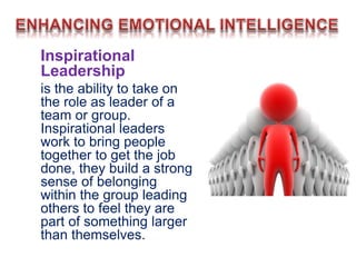 Inspirational
Leadership
is the ability to take on
the role as leader of a
team or group.
Inspirational leaders
work to bring people
together to get the job
done, they build a strong
sense of belonging
within the group leading
others to feel they are
part of something larger
than themselves.
 