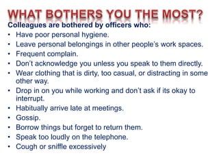 Colleagues are bothered by officers who:
• Have poor personal hygiene.
• Leave personal belongings in other people’s work spaces.
• Frequent complain.
• Don’t acknowledge you unless you speak to them directly.
• Wear clothing that is dirty, too casual, or distracting in some
other way.
• Drop in on you while working and don’t ask if its okay to
interrupt.
• Habitually arrive late at meetings.
• Gossip.
• Borrow things but forget to return them.
• Speak too loudly on the telephone.
• Cough or sniffle excessively
 