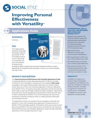 Improving Personal
Effectiveness
with Versatility™
AUDIENCE:
Universal
USE:
This highly tactical
reference Guide adds
tremendous value to
any SOCIAL STYLE
& Versatility product.
Use as a take-away
or incorporate into
your own program
to enhance your
employees’ ability to apply these essential interpersonal skills concepts.
Appropriate for a beginning self-perception course or our most complete,
two-day course.
PRODUCT DESCRIPTION
The Improving Personal Effectiveness with Versatility Applications Guide
is a thorough reference Guide allowing participants to take the concepts
of SOCIAL STYLE & Versatility to another level. Our respected ABC model
is available in this Guide offering detailed information on Actions Toward
Others, Best Use of Time, and Customary Approach to Decision Making for
each SOCIAL STYLE, Throughout the guide, participants will also find specific
action steps to take that are highly relevant to today’s workplace. Tables within
the guide lay out tips and guidelines for participants to follow and refer back
to when considering the SOCIAL STYLE of the individual with whom they
are leaving a voicemail, sending an email, or simply working to effectively
communicate and work.
This Applications Guide is an excellent tool for employees of all levels and
positions. It is the most comprehensive application-focused resource on
SOCIAL STYLE & Versatility available. Developed to allow easy access to quick
tips on each SOCIAL STYLE and under various circumstances, the Improving
Personal Effectiveness with Versatility Applications Guide will help employees
take action on the concepts they learn in class.
Applications Guide
[FOUR STEPS TO IMPROVE YOUR PERSONAL EFFECTIVENESS]
© The TRACOM Corporation, All Rights Reserved.
16
3. Know Others
The next step toward working more
effectively with others is to identify theirSOCIAL STYLE. Do this by observing whatthey “say” and “do” in different work situationsover a period of time. By observing peoplein different situations, you will gain cluesabout their behavioral preferences underdifferent levels of tension. Since people
sometimes act in ways that are characteristicof different Styles, you need to make enoughobservations to establish a pattern of behavior.
Follow these five steps to identify the
SOCIAL STYLE of a co-worker:
1. Using the Assertiveness and
Responsiveness scales, identify thoseverbal and non-verbal behaviors thatyou observe the individual exhibiting
most frequently. As you make yourobservations, follow the Rules forObserving Behaviors.
2. After making a sufficient number ofobservations, you should see a patternof behaviors emerge.
3. Plot your co-worker’s SOCIAL STYLEby identifying in which quadrant mostbehaviors occur when the scales areintersected.
4. Consider your initial identifications ofStyle as tentative. Accurately identifyinganother person’s Style takes practice.
5. Verify your tentative Style identificationover time through ongoing observation.
By its nature, e-mail provides lessinformation about a person’s behavioralStyle than face-to-face interactions.This can be a problem, especially
when exchanging e-mails withsomeone you don’t know well, andwith whose Style you are unfamiliar.One study found that e-mails arecorrectly interpreted by recipients onlyabout 50% of the time1
. Despite thispotential for misunderstanding andreduced effectiveness, there is recentevidence that e-mails can provide keyStyle-related information to help youdetermine a sender’s Style.
You may be able to determine a person’sStyle through e-mails by payingattention to certain key indicators, manyof which are similar to what you observein face-to-face interactions. For example,the length of e-mail messages is relatedto Style. Driving Style people tend to writemore brief and pointed e–mails, whereasother Styles tend to be wordier. Anotherclue is the content itself. Analyticaland Driving Style people tend to focuson facts or results whereas Amiableand Expressive Style individuals tendto discuss opinions and people moreoften. Yet another clue is the formalityof a message. An Analytical Style personis likely to open an e-mail formally,whereas an Amiable Style person willstart off in a “friendly” way. Using theseand other indicators, one study foundthat e-mail communication styles arehighly related to SOCIAL STYLE2
.
TIP: Observing Behaviors ViaE-mail
1
Kruger, J., Epley, N., Parker, J., & Ng, Z. (2005). Egocentrism overe-mail: Can we communicate as well as we think? Journal ofPersonality and Social Psychology, 89(6) 925-936.
2
Firari, F. (2007). E-mail in style, improving corporate e-mailcommunications with employees at remote locations: A quantitativestudy. Doctoral dissertation, Capella University.
APPLICATIONS GUIDE
Improving Personal
Effectiveness With
Versatility™
INTERPERSONAL SKILLS:
THE VITAL LINK BETWEEN
EMPLOYEES AND
PRODUCTIVITY
Research conducted by The
TRACOM GROUP reveals that
training program participants
feel there is an acute need
for interpersonal skills
training at work and SOCIAL
STYLE meets that need.
•	 88% said that Style
differences at work cause
Communication Breakdowns.
•	 87% reported that Conflict was
due to Style differences at work.
•	 63% believed that Low Morale
was caused by Style differences.
•	 80% said that SOCIAL STYLE
training has helped them have
a more effective relationship
with their co-workers or team.
VERSATILITY
Versatility is a measure of a
person’s Image, Presentation,
Competence, and Feedback, the
areas that contribute to a person’s
interpersonal skills. Versatility
is a significant component of
overall success, comparable
to intelligence, previous work
experience, and personality.
 
