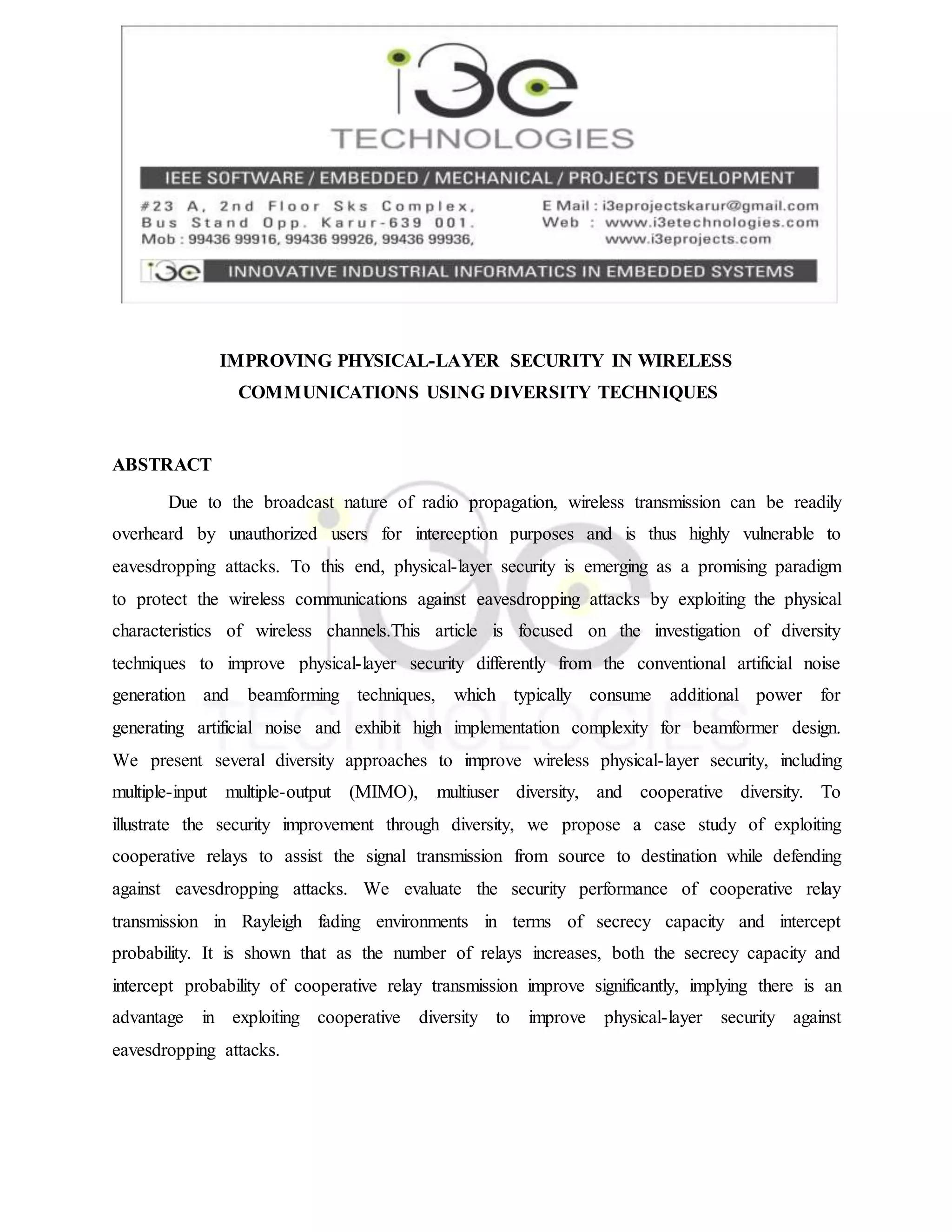 IMPROVING PHYSICALLAYER SECURITY IN WIRELESS COMMUNICATIONS USING