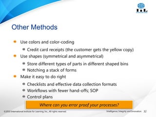 ©2010 International Institute for Learning, Inc., All rights reserved. 32Intelligence, Integrity and Innovation
Use colors and color-coding
Credit card receipts (the customer gets the yellow copy)
Use shapes (symmetrical and asymmetrical)
Store different types of parts in different shaped bins
Notching a stack of forms
Make it easy to do right
Checklists and effective data collection formats
Workflows with fewer hand-offs; SOP
Control plans
Other Methods
Where can you error proof your processes?
 