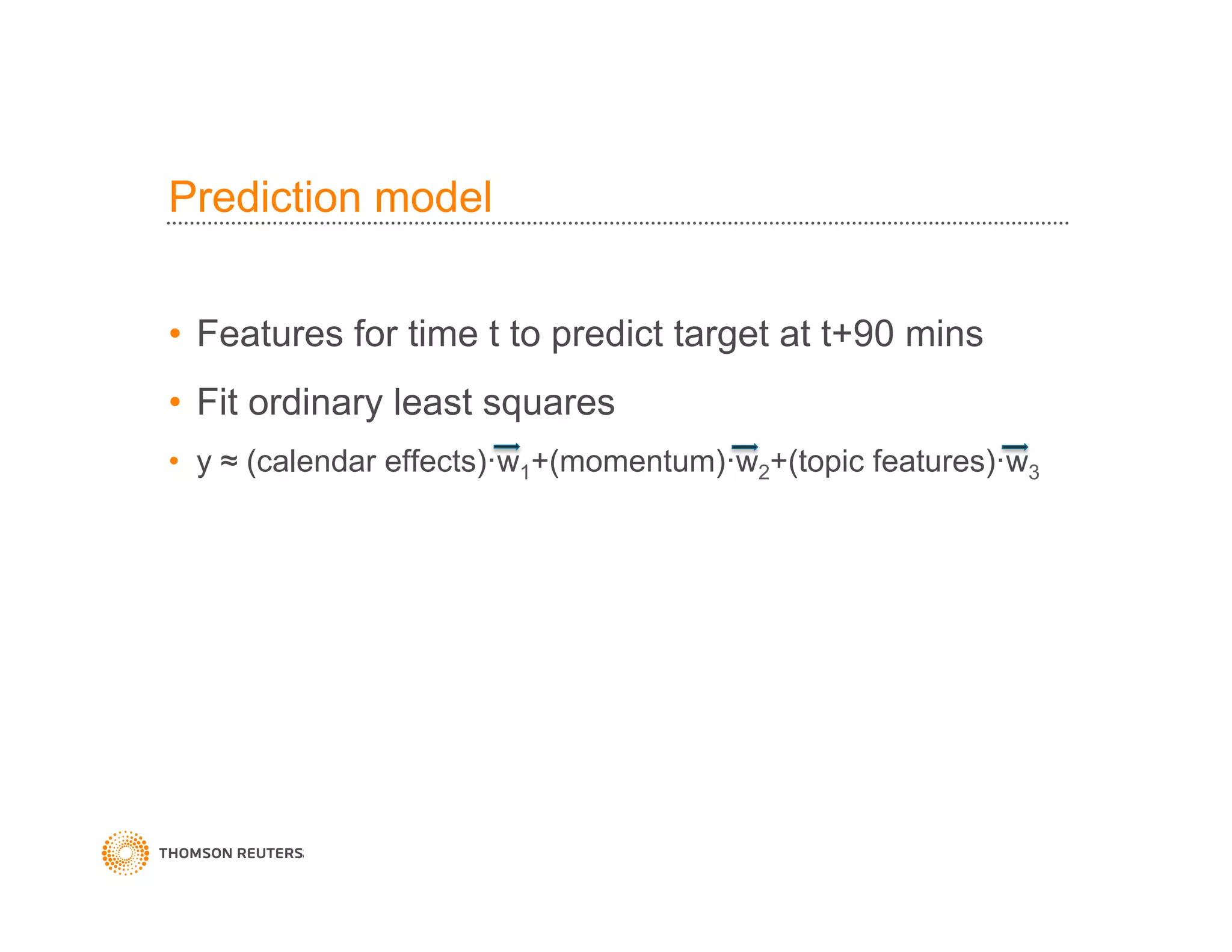 Prediction model
•  Features for time t to predict target at t+90 mins
•  Fit ordinary least squares
•  y ≈ (calendar effects)·w1+(momentum)·w2+(topic features)·w3
 