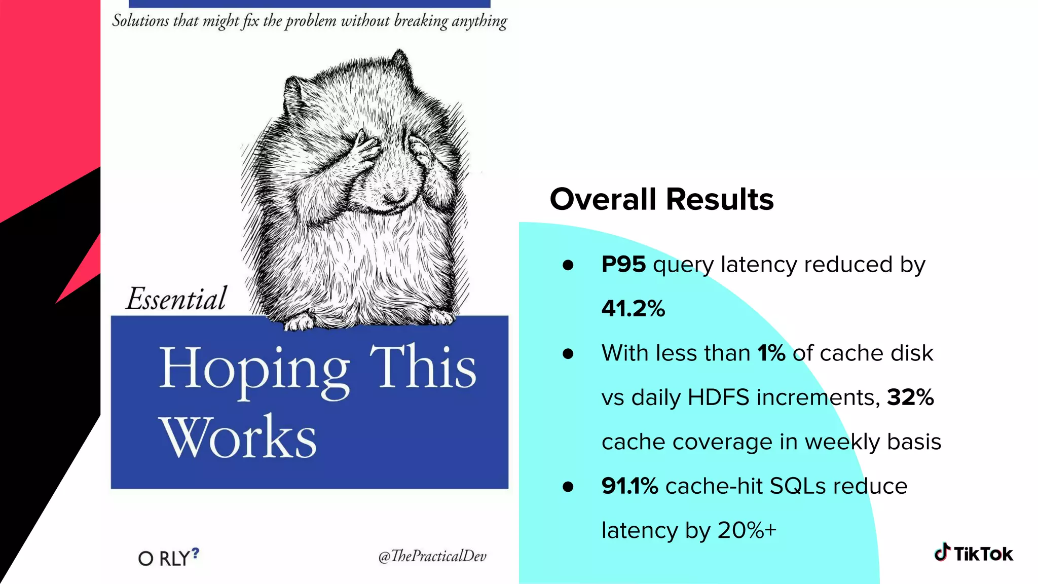 ● P95 query latency reduced by
41.2%
● With less than 1% of cache disk
vs daily HDFS increments, 32%
cache coverage in weekly basis
● 91.1% cache-hit SQLs reduce
latency by 20%+
Overall Results
 