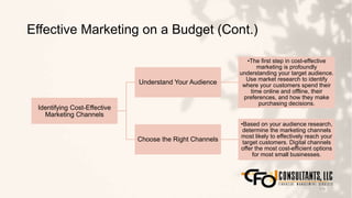 Effective Marketing on a Budget (Cont.)
110
Identifying Cost-Effective
Marketing Channels
Understand Your Audience
•The first step in cost-effective
marketing is profoundly
understanding your target audience.
Use market research to identify
where your customers spend their
time online and offline, their
preferences, and how they make
purchasing decisions.
Choose the Right Channels
•Based on your audience research,
determine the marketing channels
most likely to effectively reach your
target customers. Digital channels
offer the most cost-efficient options
for most small businesses.
 