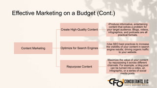 Effective Marketing on a Budget (Cont.)
113
Content Marketing
Create High-Quality Content
•Produce informative, entertaining
content that solves a problem for
your target audience. Blogs, videos,
infographics, and podcasts are all
practical formats.
Optimize for Search Engines
•Use SEO best practices to increase
the visibility of your content in search
engine results, driving organic traffic
to your website.
Repurpose Content
Maximize the value of your content
by repurposing it across different
channels. For example, a blog post
can be turned into a video, an
infographic, or a series of social
media posts.
 