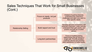 Sales Techniques That Work for Small Businesses
(Cont.)
117
Relationship Selling
Focus on needs, not just
products
•Instead of pushing features,
understand the customer's
challenges and tailor your pitch to
their specific needs.
Build rapport and trust
•Develop genuine connections with
potential customers. Listen actively,
understand their pain points, and
position yourself as a trusted
advisor.
Long-term partnerships
Focus on building lasting
relationships that go beyond a
single sale. Provide excellent
customer service and prioritize
client satisfaction to foster loyalty.
 