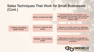 Sales Techniques That Work for Small Businesses
(Cont.)
122
Crafting Compelling
Sales Pitches
Keep it concise and clear
•Communicate the core benefits of your
offering clearly and concisely. Tailor your pitch
to different customer segments and their
specific needs.
Focus on customer pain
points
•Address your ideal customer's challenges
and how your product/service alleviates them.
Highlight unique selling
points
Differentiate yourself from competitors by
emphasizing your unique strengths and value
proposition.
 