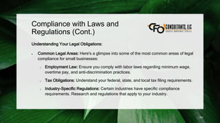 Compliance with Laws and
Regulations (Cont.)
Understanding Your Legal Obligations:
 Common Legal Areas: Here's a glimpse into some of the most common areas of legal
compliance for small businesses:
o Employment Law: Ensure you comply with labor laws regarding minimum wage,
overtime pay, and anti-discrimination practices.
o Tax Obligations: Understand your federal, state, and local tax filing requirements.
o Industry-Specific Regulations: Certain industries have specific compliance
requirements. Research and regulations that apply to your industry.
223
 