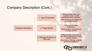 Company Description (Cont.)
38
Company Description
1. Value Proposition
•What problem does your
business solve, or what
opportunity does it address?
•What need are you fulfilling for
your target market?
2. Target Market
•Who are your ideal
customers?
•What are their characteristics
and pain points?
3. Offerings (Products or
Services)
What products or services do
you offer to address your target
market's needs?
How do your offerings uniquely
solve their problems?
 