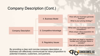 Company Description (Cont.)
39
Company Description
4. Business Model
•How will your business generate
revenue?
What is your pricing strategy?
5. Competitive Advantage
•What sets your business apart from
competitors?
What unique value proposition do
you offer?
6. Regulatory Issues
Are there any legal or regulatory
hurdles your business needs to
consider?
How will you ensure compliance?
By providing a clear and concise company description, a
business can effectively communicate its value proposition to
potential investors, customers, and partners.
 