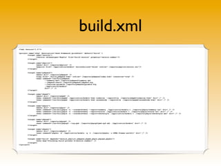 build.xml
<?xml version="1.0"?>

<project name="zfqs" description="Zend Framework QuickStart" default="build" >
        <t...