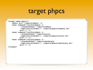 target phpcs
<target name="phpcs">
    <mkdir dir="./reports/phpcs" />
    <exec command="/usr/bin/phpcs -n
            --...