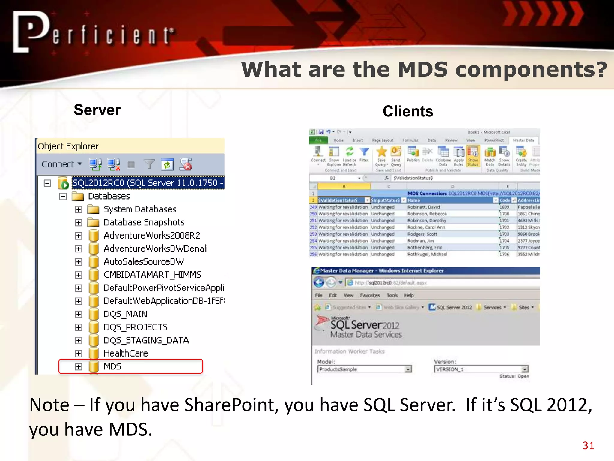 What are the MDS components?
     Server                                Clients




Note – If you have SharePoint, you have SQL Server. If it’s SQL 2012,
you have MDS.
                                                                   31
 
