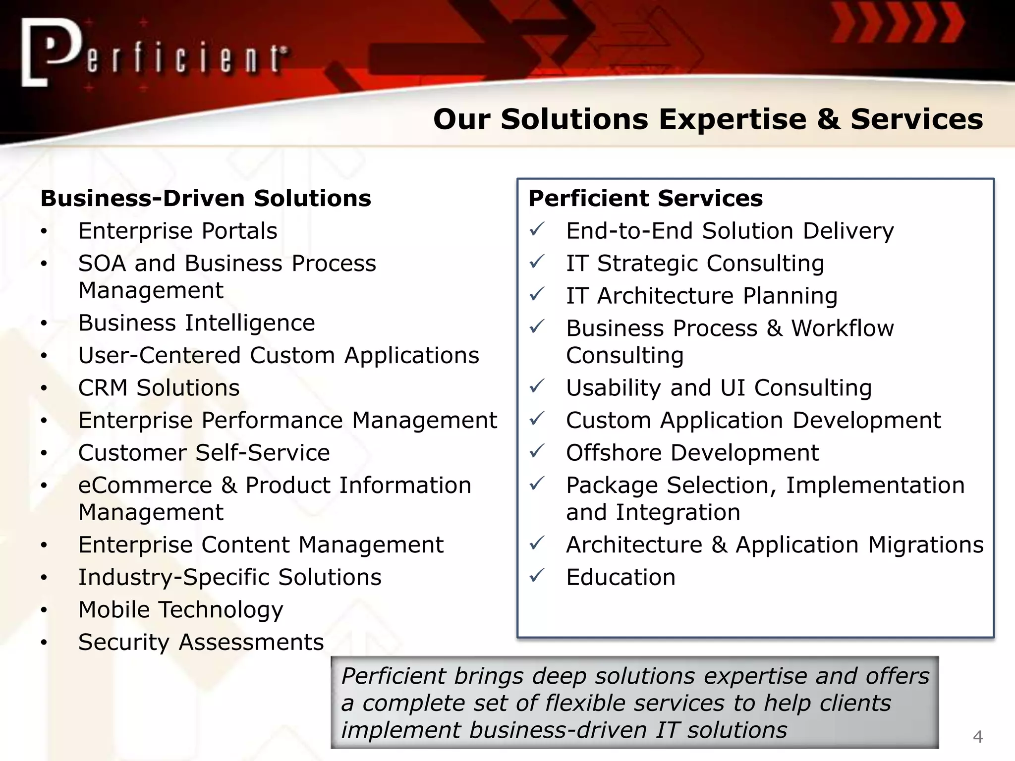 Our Solutions Expertise & Services

Business-Driven Solutions              Perficient Services
• Enterprise Portals                    End-to-End Solution Delivery
• SOA and Business Process              IT Strategic Consulting
  Management                            IT Architecture Planning
• Business Intelligence                 Business Process & Workflow
• User-Centered Custom Applications       Consulting
• CRM Solutions                         Usability and UI Consulting
• Enterprise Performance Management     Custom Application Development
• Customer Self-Service                 Offshore Development
• eCommerce & Product Information       Package Selection, Implementation
  Management                              and Integration
• Enterprise Content Management         Architecture & Application Migrations
• Industry-Specific Solutions           Education
• Mobile Technology
• Security Assessments
                       Perficient brings deep solutions expertise and offers
                       a complete set of flexible services to help clients
                       implement business-driven IT solutions                  4
 