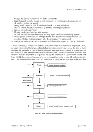 2. Change the activity or process to one that is less harmful
3. Separate people from the hazard or limit the number of people exposed by enclosing or
physically guarding the hazard
4. Design a safe system of work that reduces the risk to an acceptable level
5. Provide written procedural controls (e.g. standard operating procedures)
6. Provide adequate supervision
7. Identify training needs and provide training
8. Provide instructions/information (e.g. warning signs, visual/audible alerting signals)
9. Protect people by providing the appropriate PPE (this should always be the absolute last
resort, not the first option as appears to be the case in many organisations)
10. Always re-evaluate the chosen option to see if the hazard (or aspects of it) can be eliminated.
In many instances, a combination of these control measures may need to be employed. Often,
however, it is feasible that any number of alternative measures would reduce the risk. In these
instances, the hierarchy of control should always be used as a guide to decide which measure to
use, rather than pure economic cost/benefit considerations: i.e. eliminate the risk whenever and
wherever possible. Importantly, as pointed out by the Institution of Occupational Health and
Safety (IOSH) the amount of managerial or supervisory effort needed to establish and maintain the
above controls is in inverse rank order, i.e. the amount of effort needed to provide and ensure that
JnqspwjohTbgfuzDvmuvsf qbhf216
Risk Control Measures
 