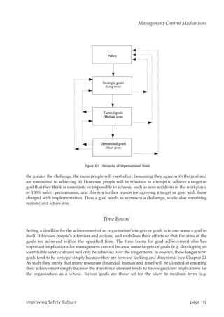 the greater the challenge, the more people will exert effort (assuming they agree with the goal and
are committed to achieving it). However, people will be reluctant to attempt to achieve a target or
goal that they think is unrealistic or impossible to achieve, such as zero accidents in the workplace,
or 100% safety performance, and this is a further reason for agreeing a target or goal with those
charged with implementation. Thus a goal needs to represent a challenge, while also remaining
realistic and achievable.
Time Bound
Setting a deadline for the achievement of an organisation’s targets or goals is in one sense a goal in
itself. It focuses people’s attention and actions, and mobilises their efforts so that the aims of the
goals are achieved within the specified time. The time frame for goal achievement also has
important implications for management control because some targets or goals (e.g. developing an
identifiable safety culture) will only be achieved over the longer term. In essence, these longer term
goals tend to be strategic simply because they are forward looking and directional (see Chapter 2).
As such they imply that many resources (financial, human and time) will be directed at ensuring
their achievement simply because the directional element tends to have significant implications for
the organisation as a whole. Tactical goals are those set for the short to medium term (e.g.
JnqspwjohTbgfuzDvmuvsf qbhf226
Management Control Mechanisms
 