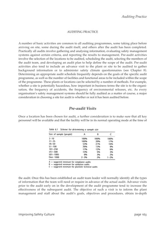 AUDITING PRACTICE
A number of basic activities are common to all auditing programmes, some taking place before
arriving on site, some during the audit itself, and others after the audit has been completed.
Practically all audits involve gathering and analysing information, evaluating safety management
systems against certain criteria, and reporting the results to management. Pre-audit activities
involve the selection of the locations to be audited, scheduling the audit, selecting the members of
the audit team, and developing an audit plan to help define the scope of the audit. Pre-audit
activities also tend to include an advance visit to the plant or site to be audited to gather
background information or to administer safety climate questionnaires (see Chapter 8).
Determining an appropriate audit schedule frequently depends on the goals of the specific audit
programme, as well as the number of facilities and functional areas to be included within the scope
of the programme. These plants or locations can be selected by a number of methods. For example,
whether a site is potentially hazardous, how important in business terms the site is to the organi-
sation, the frequency of accidents, the frequency of environmental releases, etc. As every
organisation’s safety management systems should be fully audited as a matter of course, a major
consideration in choosing a site for audit is whether or not it has been audited before.
Pre-audit Visits
Once a location has been chosen for audit, a further consideration is to make sure that all key
personnel will be available and that the facility will be in its normal operating mode at the time of
the audit. Once this has been established an audit team leader will normally identify all the types
of information that the team will need or require in advance of the actual audit. Advance visits
prior to the audit early on in the development of the audit programme tend to increase the
effectiveness of the subsequent audit. The objective of such a visit is to inform the plant
management and staff about the audit’s goals, objectives and procedures, obtain in-depth
JnqspwjohTbgfuzDvmuvsf qbhf274
Auditing Practice
 