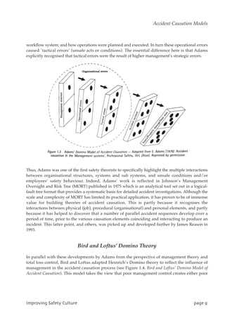 workflow system; and how operations were planned and executed. In turn these operational errors
caused `tactical errors’ (unsafe acts or conditions). The essential difference here is that Adams
explicitly recognised that tactical errors were the result of higher management’s strategic errors.
Thus, Adams was one of the first safety theorists to specifically highlight the multiple interactions
between organisational structures, systems and sub systems, and unsafe conditions and/or
employees’ safety behaviour. Indeed, Adams’ work is reflected in Johnson’s Management
Oversight and Risk Tree (MORT) published in 1975 which is an analytical tool set out in a logical-
fault tree format that provides a systematic basis for detailed accident investigations. Although the
scale and complexity of MORT has limited its practical application, it has proven to be of immense
value for building theories of accident causation. This is partly because it recognises the
interactions between physical (job), procedural (organisational) and personal elements, and partly
because it has helped to discover that a number of parallel accident sequences develop over a
period of time, prior to the various causation elements coinciding and interacting to produce an
incident. This latter point, and others, was picked up and developed further by James Reason in
1993.
Bird and Loftus’ Domino Theory
In parallel with these developments by Adams from the perspective of management theory and
total loss control, Bird and Loftus adapted Heinrich’s Domino theory to reflect the influence of
management in the accident causation process (see Figure 1.4: Bird and Loftus’ Domino Model of
Accident Causation). This model takes the view that poor management control creates either poor
JnqspwjohTbgfuzDvmuvsf qbhf:
Accident Causation Models
 