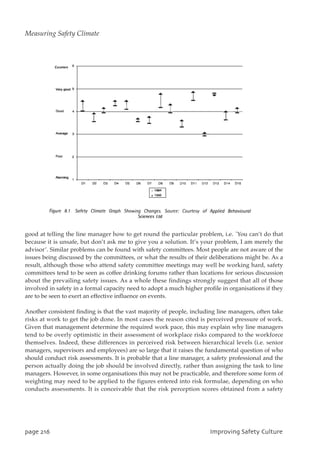 good at telling the line manager how to get round the particular problem, i.e. `You can’t do that
because it is unsafe, but don’t ask me to give you a solution. It’s your problem, I am merely the
advisor’. Similar problems can be found with safety committees. Most people are not aware of the
issues being discussed by the committees, or what the results of their deliberations might be. As a
result, although those who attend safety committee meetings may well be working hard, safety
committees tend to be seen as coffee drinking forums rather than locations for serious discussion
about the prevailing safety issues. As a whole these findings strongly suggest that all of those
involved in safety in a formal capacity need to adopt a much higher profile in organisations if they
are to be seen to exert an effective influence on events.
Another consistent finding is that the vast majority of people, including line managers, often take
risks at work to get the job done. In most cases the reason cited is perceived pressure of work.
Given that management determine the required work pace, this may explain why line managers
tend to be overly optimistic in their assessment of workplace risks compared to the workforce
themselves. Indeed, these differences in perceived risk between hierarchical levels (i.e. senior
managers, supervisors and employees) are so large that it raises the fundamental question of who
should conduct risk assessments. It is probable that a line manager, a safety professional and the
person actually doing the job should be involved directly, rather than assigning the task to line
managers. However, in some organisations this may not be practicable, and therefore some form of
weighting may need to be applied to the figures entered into risk formulae, depending on who
conducts assessments. It is conceivable that the risk perception scores obtained from a safety
qbhf327 JnqspwjohTbgfuzDvmuvsf
Measuring Safety Climate
 
