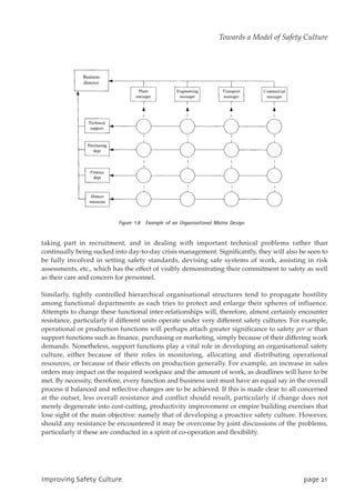 taking part in recruitment, and in dealing with important technical problems rather than
continually being sucked into day-to-day crisis management. Significantly, they will also be seen to
be fully involved in setting safety standards, devising safe systems of work, assisting in risk
assessments, etc., which has the effect of visibly demonstrating their commitment to safety as well
as their care and concern for personnel.
Similarly, tightly controlled hierarchical organisational structures tend to propagate hostility
among functional departments as each tries to protect and enlarge their spheres of influence.
Attempts to change these functional inter-relationships will, therefore, almost certainly encounter
resistance, particularly if different units operate under very different safety cultures. For example,
operational or production functions will perhaps attach greater significance to safety per se than
support functions such as finance, purchasing or marketing, simply because of their differing work
demands. Nonetheless, support functions play a vital role in developing an organisational safety
culture, either because of their roles in monitoring, allocating and distributing operational
resources, or because of their effects on production generally. For example, an increase in sales
orders may impact on the required workpace and the amount of work, as deadlines will have to be
met. By necessity, therefore, every function and business unit must have an equal say in the overall
process if balanced and reflective changes are to be achieved. If this is made clear to all concerned
at the outset, less overall resistance and conflict should result, particularly if change does not
merely degenerate into cost-cutting, productivity improvement or empire building exercises that
lose sight of the main objective: namely that of developing a proactive safety culture. However,
should any resistance be encountered it may be overcome by joint discussions of the problems,
particularly if these are conducted in a spirit of co-operation and flexibility.
JnqspwjohTbgfuzDvmuvsf qbhf32
Towards a Model of Safety Culture
 