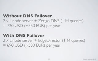 Without DNS Failover
2 x Linode server + Zerigo DNS (1 M queries)
= 720 USD (~550 EUR) per year

With DNS Failover
2 x Linode server + EdgeDirector (1 M queries)
= 690 USD (~530 EUR) per year


                         25                 Rates in February 2012
 